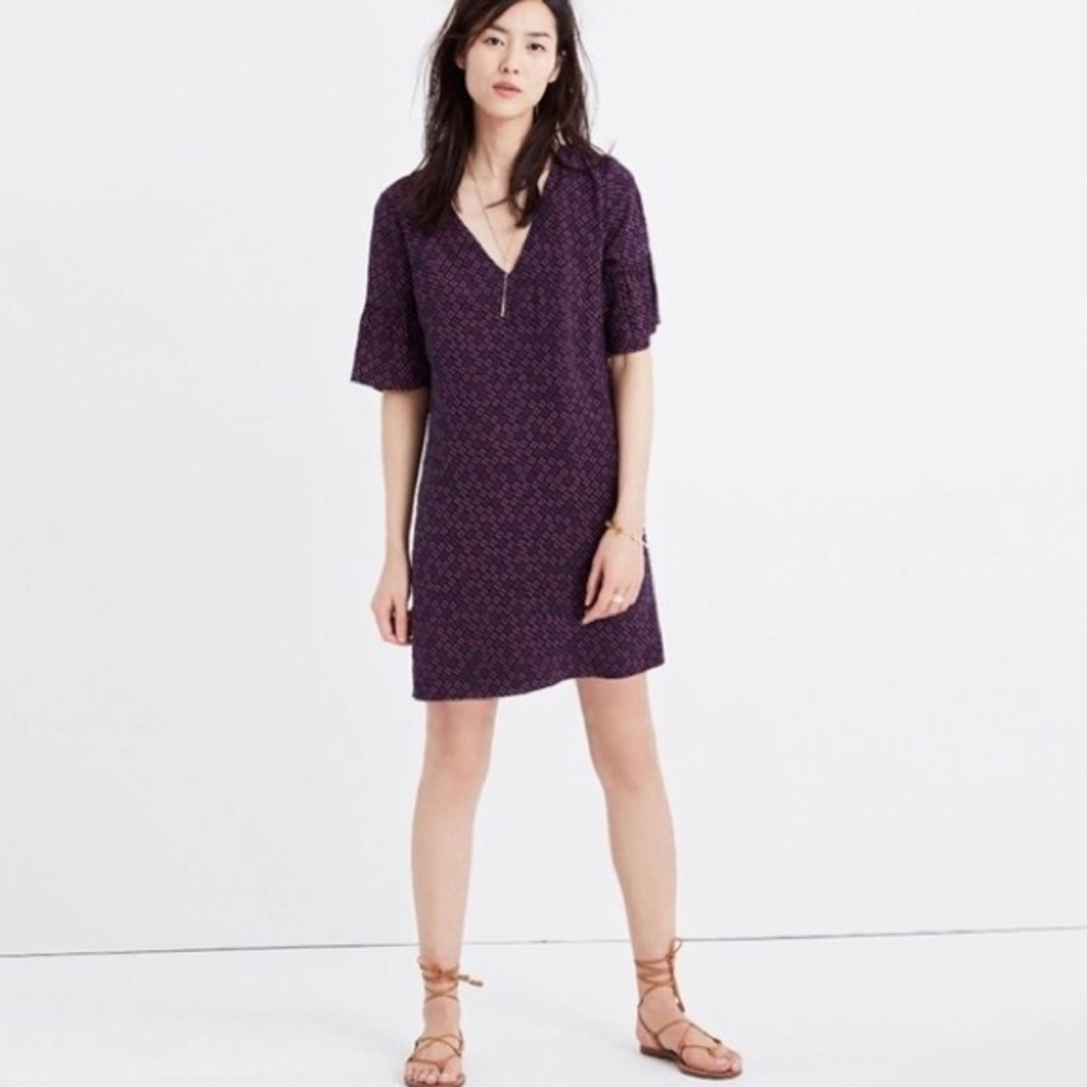 Madewell 100% Silk Painted Clover Dress Bell Sleeve Shift